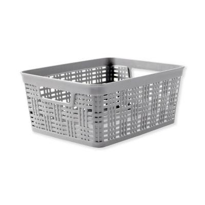 Small Plastic Wicker Storage Basket in Grey