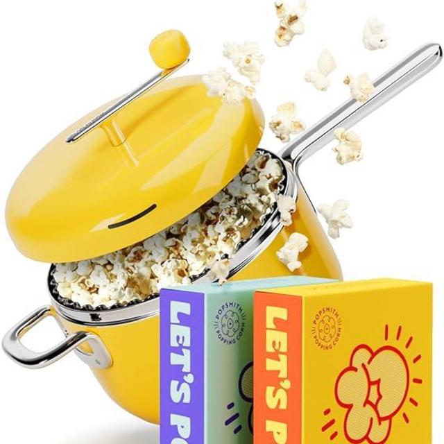 Popsmith Starter Bundle in Butter - 6 Quart Stovetop Popcorn Machine with 5 Movie Theater Popcorn & 5 Kettle Corn Popcorn Kits - Stainless Steel Popcorn Maker Compatible with All Stovetops