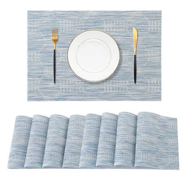 Leetaltree Jacquard Blue Placemats Set of 8 - Heat Resistant Non-Slip Place mats for Dining Table, Washable Durable PVC Vinyl Woven Table Mats(Jacquard Blue, 8)