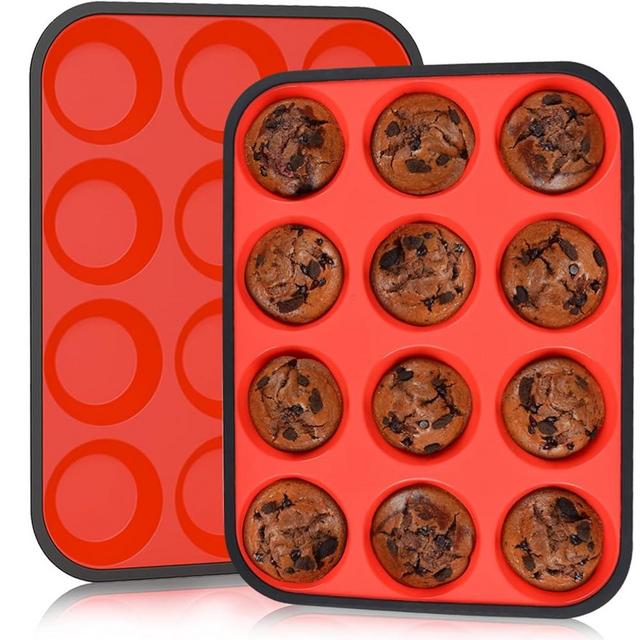 CAKETIME Muffin Pan, Silicone Cupcake Pan Metal Reinforced Frame 12 Cups Regular Silicone Muffin Tray Nonstick BPA Free 2 Pack