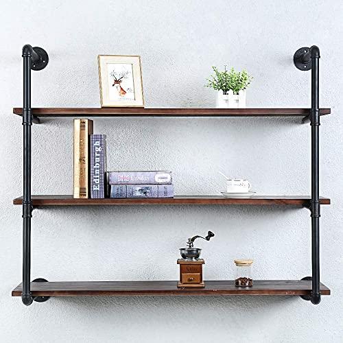 Industrial Pipe Shelving Wall Mounted,42in Rustic Metal Floating Shelves,Steampunk Real Wood Book Shelves,Wall Shelf Unit Bookshelf Hanging Wall Shelves,Farmhouse Kitchen Bar Shelving(3 Tier)