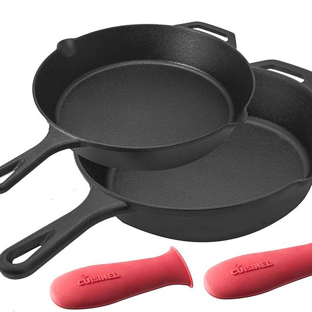 Pre-Seasoned Cast Iron Skillet 2-Piece Set (10-Inch and 12-Inch) Oven Safe Cookware | 2 Heat-Resistant Holders | Indoor and Outdoor Use | Grill, Stovetop, Induction Safe