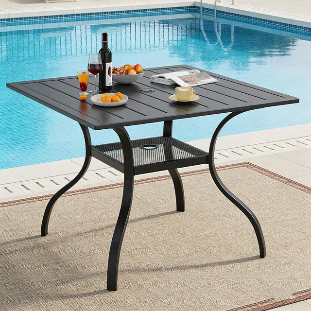 SUNCROWN 37" Black Patio Outdoor Dining Table Metal Steel Slat Square Bistro Table for Porch Deck Garden Backyard Poolside, 1.57" Umbrella Hole