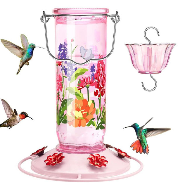 Kingsyard Hummingbird Feeder for Outdoor Hanging - Charming Patterned Glass Humming Bird Feeder with 6 Feeding Ports and Ant Moat, Ideal Gift Choice for Bird Lovers, Pink