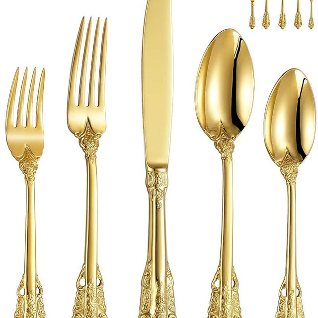 KEAWELL Gorgeous 65 Piece Gold Flatware Sets, Heavy Tableware Antique Gold Flatware Set, 8/10 Stainless Steel, Service for 12, Antique Baroque Gold-plated Silverware Set
