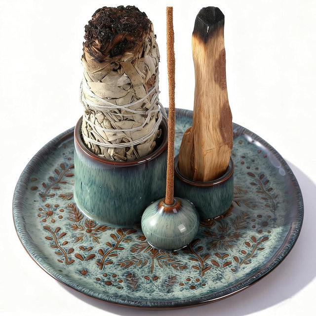 Reyife 5 in 1 Incense Holder Burner, 5.9" Ceramic Holder for Burning Palo Santo Sage Candle and Incense Sticks Cones, Ash Catcher Tray for Meditation Room Home Décor (Bluegrey)