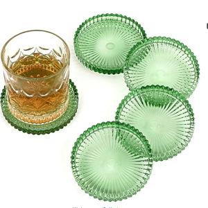 Modern Clear Coaster Set of 5- Glass Coasters for Drinks Crystal Coasters Round Cup Coaster Coffee Table Decor for Office, Kitchen, Bar, Dining Room, Living Room, Patio(Clear Green)