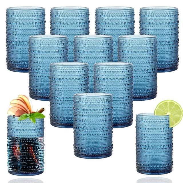 Yestriy Vintage Hobnail Drinking Glasses Set of 12-15 oz Glassware Old Fashioned Beverage Glass Cups Dishwasher Safe Embossed Glassware Gift for Cocktail,Smoothie, Juice (Dark Blue)