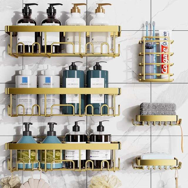 Veken Adhesive Shower Caddy 6-Pack,Heavy Weight Bearing,Large Wall Mounted Shower Shelves Rack,Organizer Storage Accessories with Soap Dish&Toothbrush Holder,Ideal for Bathroom,Home&Kitchen,Gold