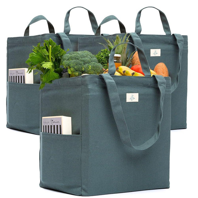Reusable Grocery Bags - 100% Cotton 12Oz Canvas Grocery Bags with Handles, Large Kitchen Grocery Bags, Reusable Shopping Bags for Groceries, Grocery Tote Bag, Heavy Duty, Foldable Market Bag (Ocean)
