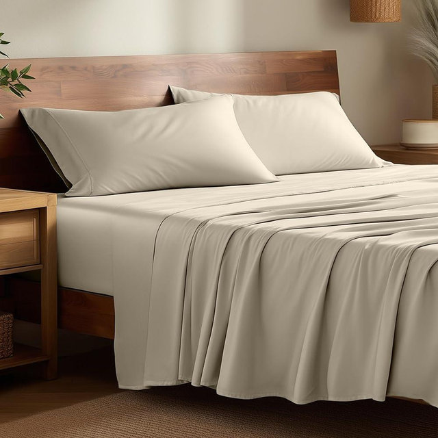 Bare Home 100% Rayon Made from Bamboo Queen Sheet Set - 4 Piece Bedding Set - Deep Pockets - Breathable - Easy Fit - Bedding Sheets & Pillowcases (Queen, Sand)