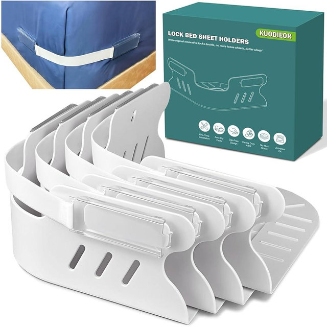 Bed Sheet Holders for Corners, 4Pcs Heavy Duty Fitted Sheet Holder with Lock Fastener Straps &Anti-Slip Pads Keep Sheets Firm&Tight, No More Loose Sheets, Easy Installation for Any Mattress (White)