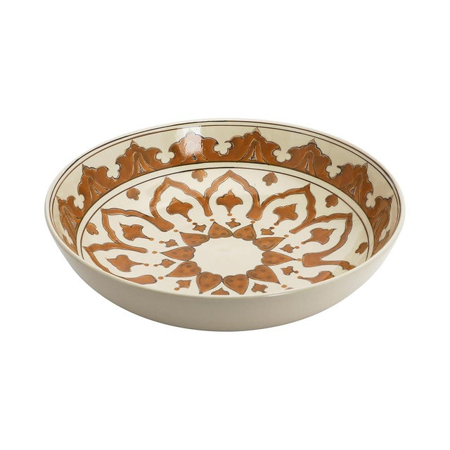 Creative Co-Op Hand Painted Stoneware Serving Bowl with Pattern, Serveware, 14"L x 14"W x 4"H, Brown & Cream