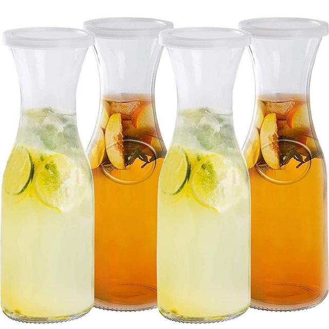 Estilo Glass Beverage Pitcher Carafe With Plastic Lids, Narrow Neck Design, 1 liter-Set of 4, Clear