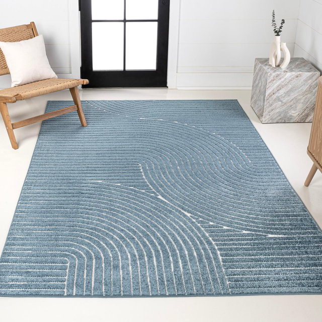 JONATHAN Y Hallie High-Low Minimalist Curve Geometric Dark Blue/Cream 8 ft. x 10 ft. Indoor/Outdoor Area Rug