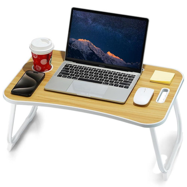 ZEAPTAC Laptop Bed Desk, Foldable Lap Table, Portable Study Table, Laptop Stand with Cup Holder & Tablet Slot & Lifting Handle for Working Writing Drawing & Eating - Wood