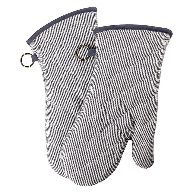 1 Pair Yarn Dyed Oven Mitts 100% Cotton Heat Resistant 470 Degree Gloves Men Women Cooking Baking Barbecue BBQ Microwave Crafting Machine Washable Pot Holders Mittens (Grey)