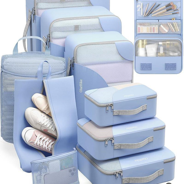 ALL INCLUDED 10 Set Durable Packing Cubes for Suitcases,OlarHike Essentials for Travel,UPGRADED Anti-Tear Stitching, NEW Improved Luggage Packing Organizers for Travel Accessories, Light Blue