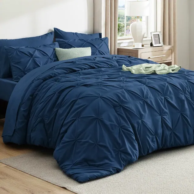 Bedsure Bed in a Bag Comforter Set with Sheets, 7pcs Solid Diamond Pintuck All-Season Bedding, Navy Pinch Pleat Queen Bedding Set, Gift for Family