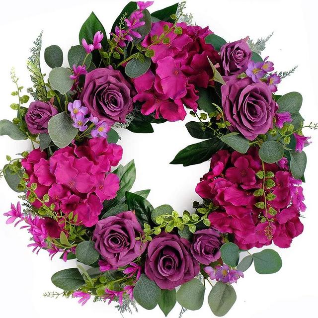 Bibelot Artificial Purple Rose Wreath 20 inches Front Door Wreath with Hydrangea Green Leaves Wreath Artificial Spring Wreath Valentines Mother's Day Wreath for Wall Wedding Party Home Decor (Purple)