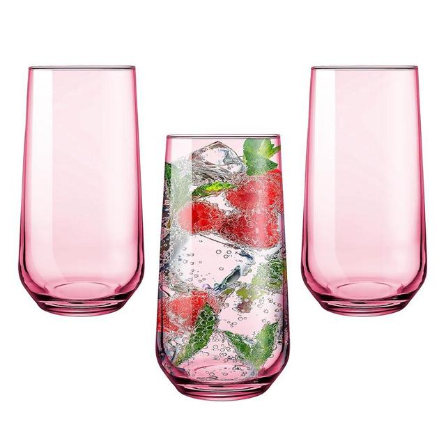 Biandeco Pink Highball Glasses Set of 3, Glass Cocktail Drinking Barware, Tall Glass Cups for Long Drink Water, Juice, Ice Tea, Mojito, 16 oz Colored Bar Glassware