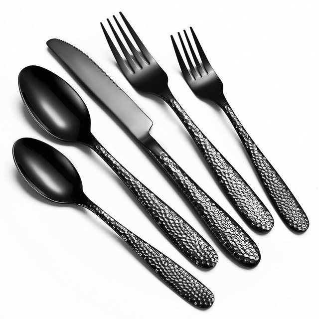 Black Hammered Silverware Set, 20-Piece Heavy Duty Stainless Steel Flatware Sets for 4, Food-Grade Cutlery Set for Home Restaurant, Mirror Polished, Dishwasher Safe