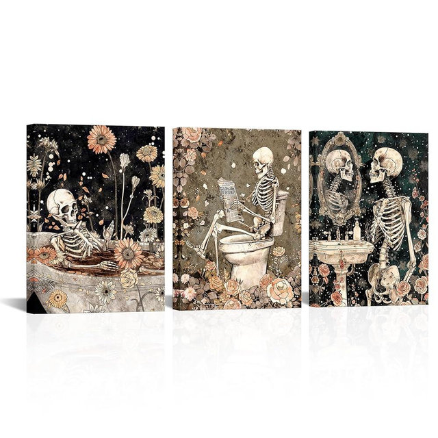 FuShvre Skeleton Bathroom Decor Moody Skeleton Wall Art Pictures for Bathroom Gothic Painting for Home Decoration Framed 12x16 inch each piece (Coral)