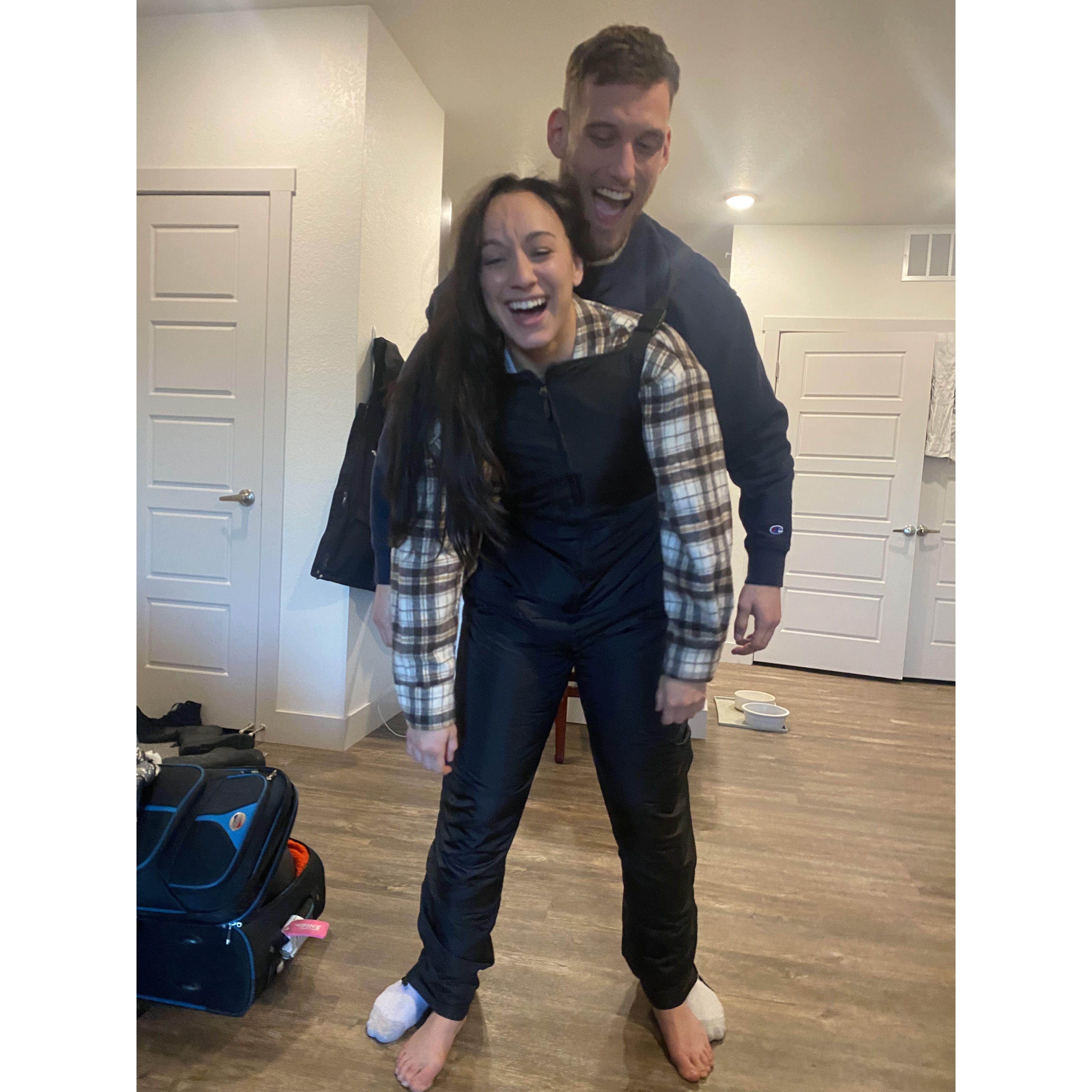 We tried on Timmy's overalls for snowboarding together
