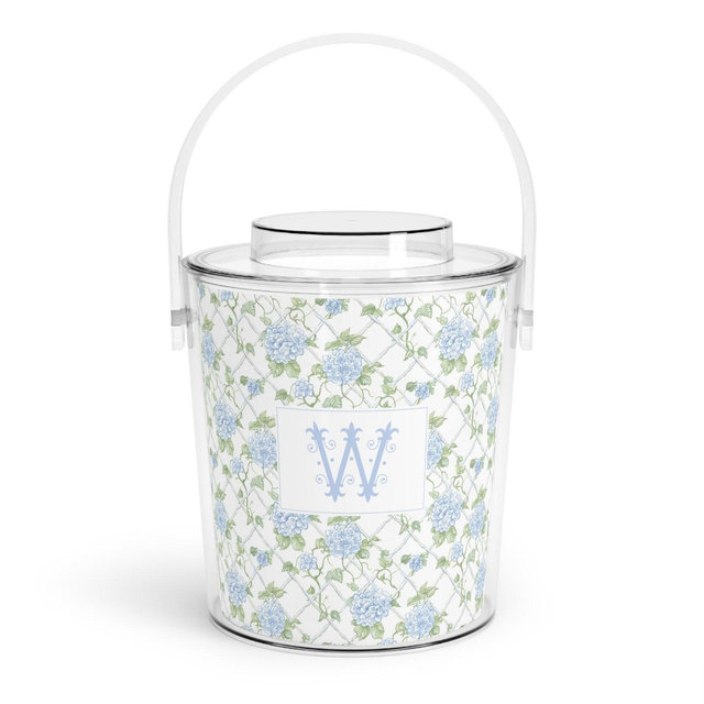 Floral Hydrangea Personalized Ice Bucket with Tongs, Monogram Gift