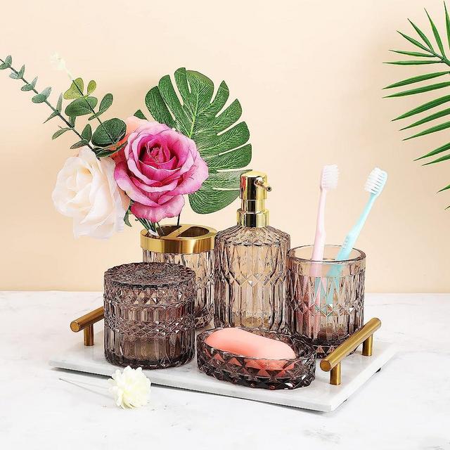 5Pcs Glass Bathroom Accessories Complete Set, Lotion Dispenser, Soap Dish, Toothbrush Holder, Tumbler, Cotton Swab Jars, Modern Bathroom Decor and Gift Set (Gary)