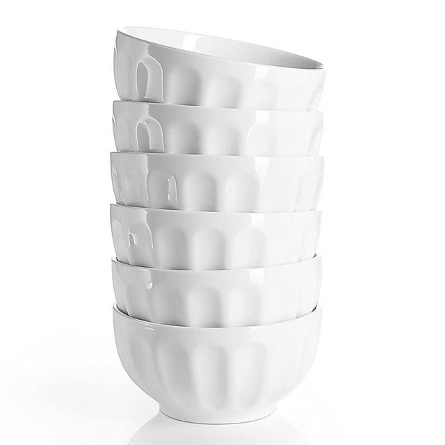 Sweese 1110 Porcelain Fluted Bowl Set - 18 Ounce for Cereal, Soup and Fruit - Set of 6, White