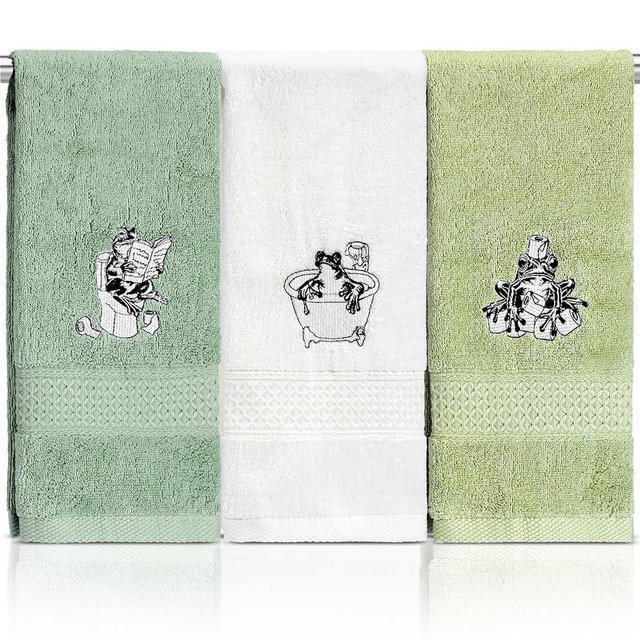 Breling 3 Pcs Frog Hand Towels for Bathroom, Frog Kitchen Hand Towels 13.3 x 29 Inch 100% Cotton Soft Embroidered Washroom Decoration for Animal Lover Restroom Decorative Gifts