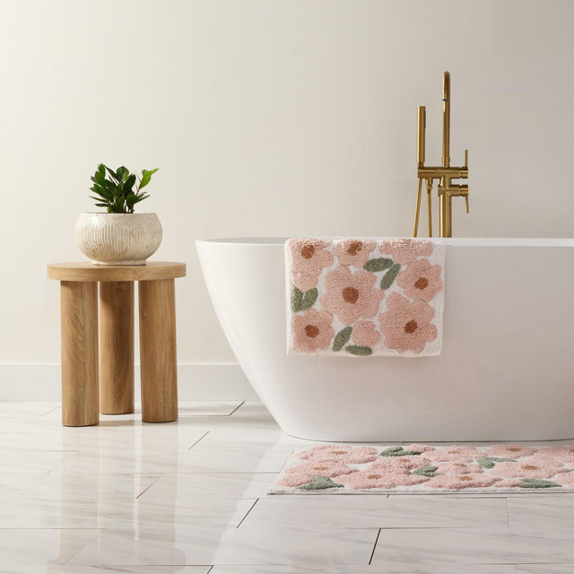 Floral and Geo Patterns Cotton Bath Mat, Tufted Bath Rug, Absorbent Non Slip Bathroom Rug, Washable - Becky Cameron, Blossoms Pink, 34" x 21"