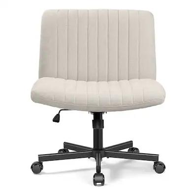 Brick Attic - Criss Cross Chair with Wheels, Wide Cross Legged Office Desk Vanity Chair Comfy Fabric Armless Adjustable Swivel - Beige