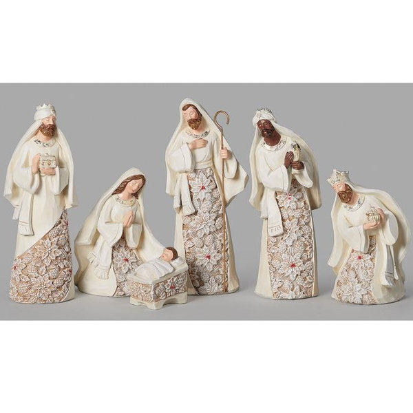 Carved Poinsettia Pattern Nativity - 6 Pieces