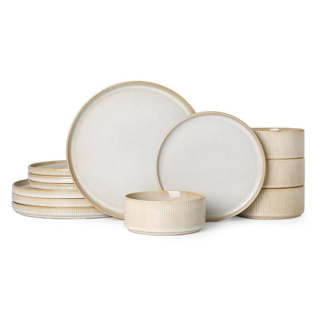 MONITO Ceramic Dinnerware Sets for 4, 12PCS Kitchen Plates and Bowls Sets, Chip and Scratch Resistant Double Reactive Glaze Dish Set, Microwave and Dishwasher Safe, Beige