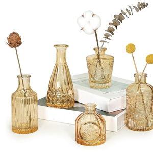 Glass Bud Vase Set of 5, Gold Amber Small Flower Vases for Centerpieces in Bulk, Mini Vintage Vase for Rustic Wedding, Home,Table Decoration