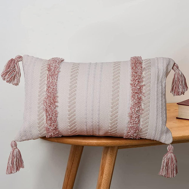 Boho Throw Pillow Covers Tufted Decorative Pillows Cover for Couch Bed Small Lumbar 12x20 Pillow Cover, Modern Accent Farmhouse Neutral Throw Pillow Case, Pink