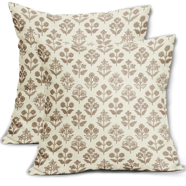 Sivirary Brown Floral Pillow Covers 24x24 Inch Set of 2, Vintage Flower Block Print Pattern Decorative Throw Pillowcases Outdoor Farmhouse Cushion Covers Spring Summer Rustic Sofa Couch Bed Decor
