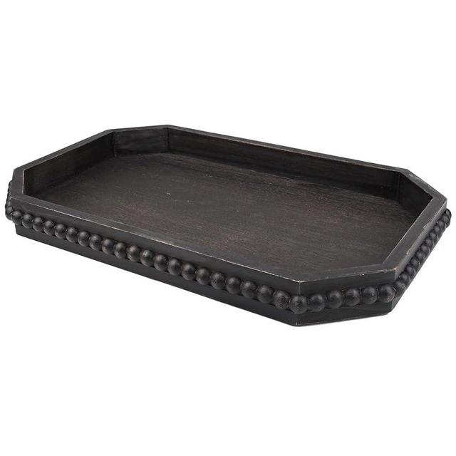 Hrastany Wood Rustic Serving Tray with Beads, Farmhouse Vintage Black Decorative Tray for Table Centerpiece, Christmas Wedding Halloween Home Decor