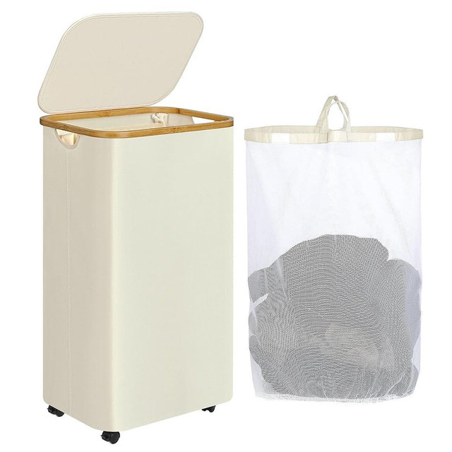 iEGrow Laundry Basket with Wheels, 110L Clothes Hamper for Laundry, Laundry Hamper with Lid and Inner Bag, for Laundry Room, Bedroom, Dormitory Storage,Beige
