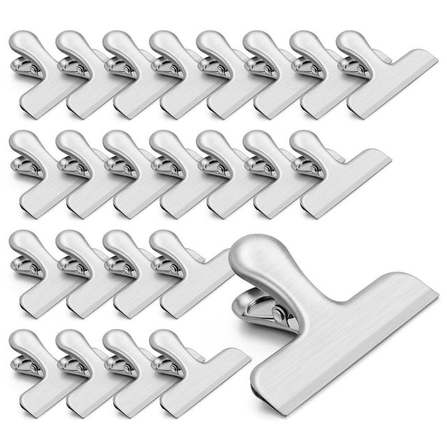 VNDUEEY 24 Pack Stainless Steel Chip Clips, Bag Clips for Food, Heavy Duty Snack Clip Clips to Seal Coffee Bags, Ideal for Office Kitchen Use, Binder Clips Large - 3 Inches, Silver