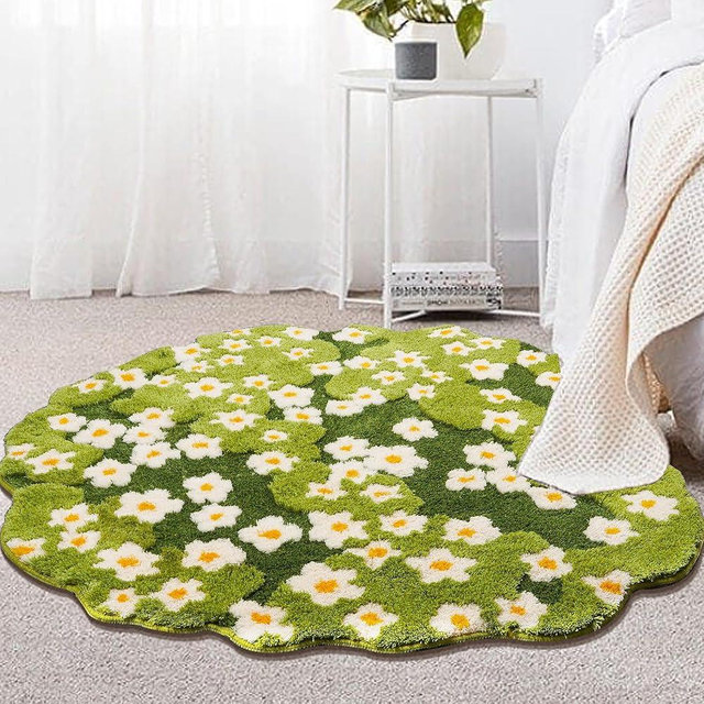 Loyeeho 3D Moss Rug, Green, 47"x49", Round, Area Rug, Modern, Floral, High Pile, Machine Made, Acrylic, Washable, Non-Slip, Home Decor, Bedroom, Living Room