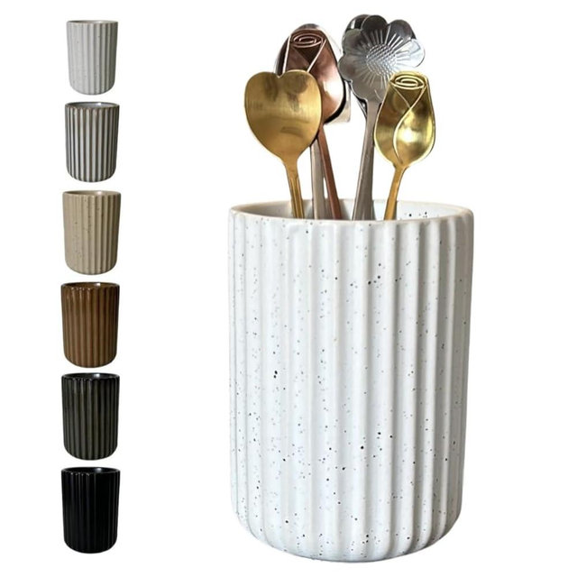 Stoneware Coffee Bar Utensil Holder Tea & Coffee Spoon & Stirrer Holder for Stir Stick Straw Teaspoon Holder Spoon Cup Small Utensil Jar Fluted Vertical Stripe (Spotted White)
