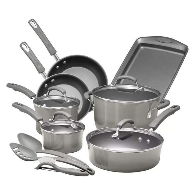 Rachael Ray Brights Nonstick Cookware Pots and Pans Set, 14 Piece, Sea Salt Gray