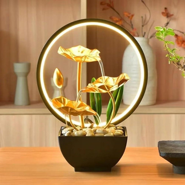 USB Powered Tabletop Recreational Water Fountain with Natural Rocks and LED Lights Ring, for Home and Office Decor