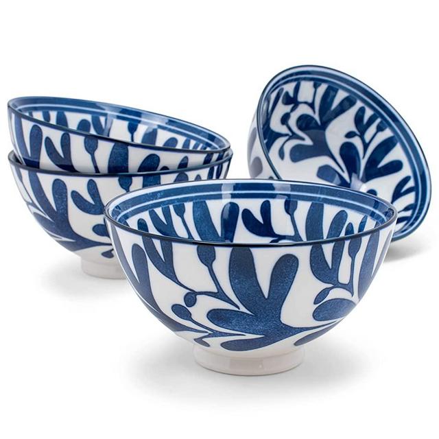 Nat & Jules Leaves White and Blue 18 ounce Ceramic Cereal Bowls Set of 4