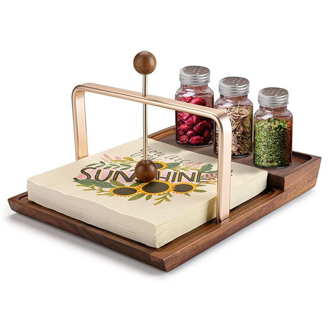 Wooden Napkin Holder with Salt and Pepper Shaker Holder, Two-in-one storage for napkins and seasoning bottles, Malfunction Salt Pepper Storage Holder and Napkin Caddy for Kitchen, Restaurant