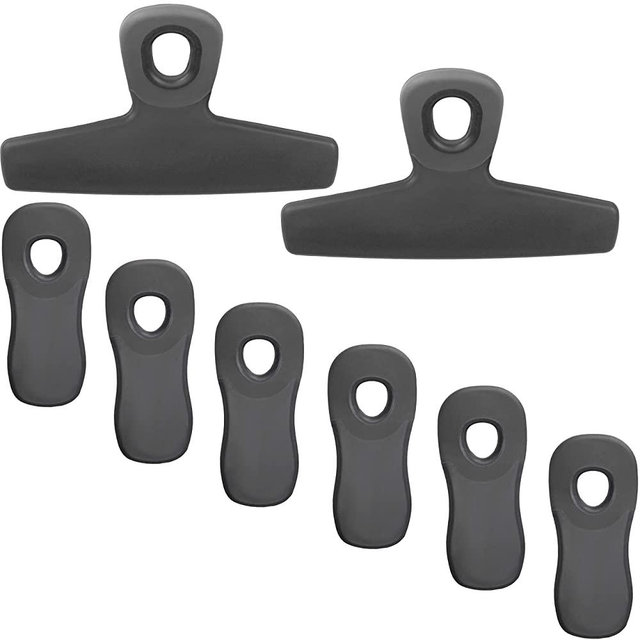 Cook with Color Set of Eight Bag Clips, 2 Large Heavy Duty Chip Clips and 6 Refrigerator Magnet Clips for Food Storage with Air Tight Seal Grip for Snack Bags and Food Bags (Grey)