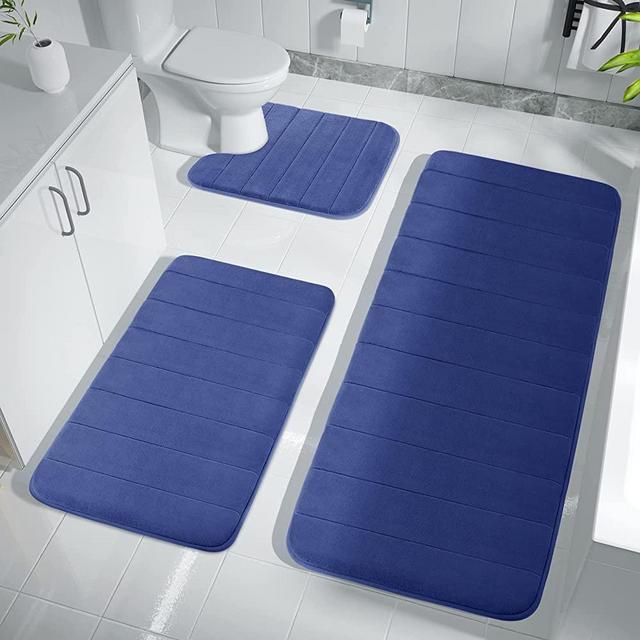 Yimobra 3 Pieces Memory Foam Bath Mat Sets, 44.1x24 + 31.5x19.8 and U-Shaped for Bathroom Rugs, Toilet Mats, Non-Slip, Soft Comfortable, Water Absorption, Machine Washable, Navy Blue